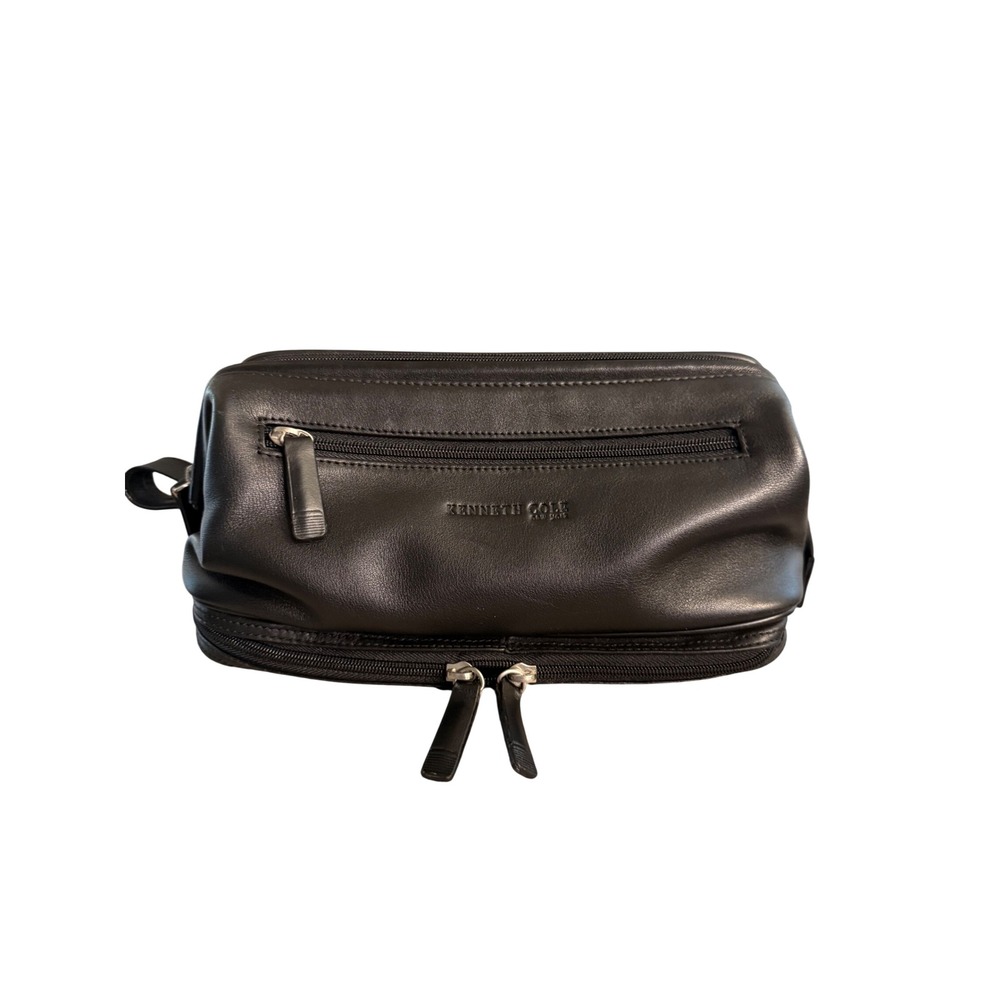Kenneth Cole New York Mens Black Leather Dopp Kit Toiletry Travel Bag Organizer